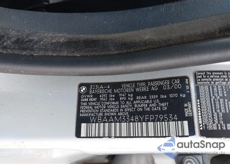 2000 BMW 323I из США, поврежденный, VIN WBAAM3348YFP79534